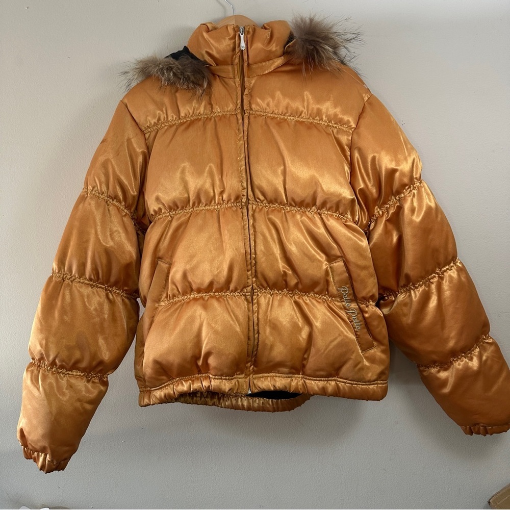 Vtg Pelle Pelle Gold Metallic Puffer Jacket Shiny Hooded Bubble Coat Fur Trim XL